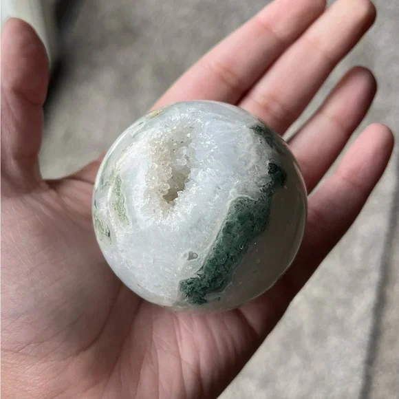 Moss Agate Sphere w/ Heart-Shaped Druzy Pocket - Picture 7 of 17